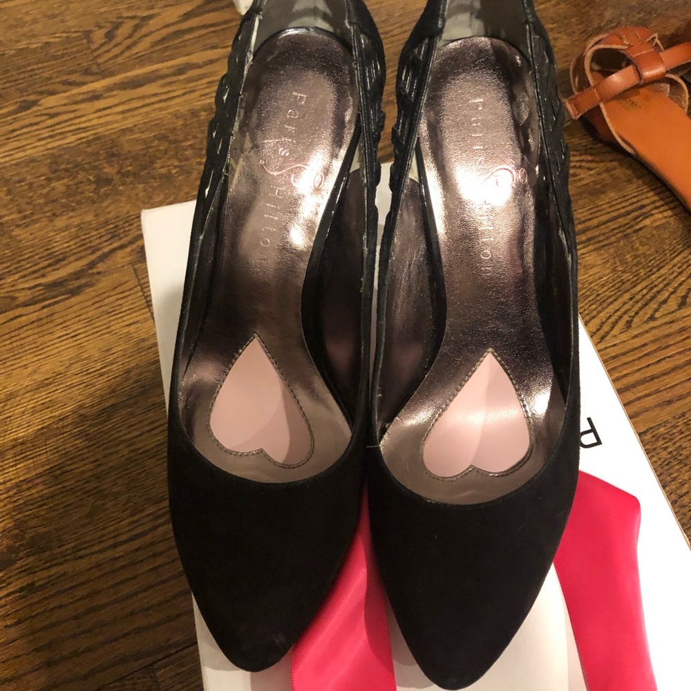 Paris Hilton black suede heels with hot pink sole